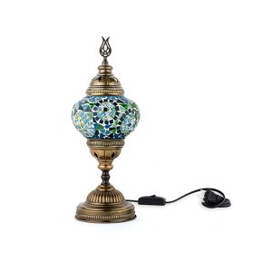 Kafthan 14.5 in. Handmade Turquoise Circles Mosaic Glass Table Lamp with Brass Color Metal Base - 1 of 4