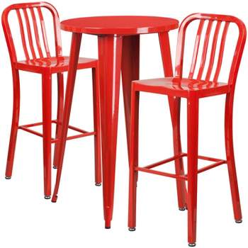 Merrick Lane Outdoor Dining Set with 24" Round Table and Slatted Back Bar Stools with Footrests