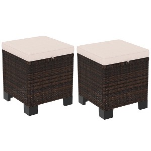 Outsunny 2 Pieces Wicker Outdoor Ottomans with Cushions, 3-in-1 PE Rattan Ottoman Seat, Footrest and Side Table for Backyard, Poolside - 1 of 4