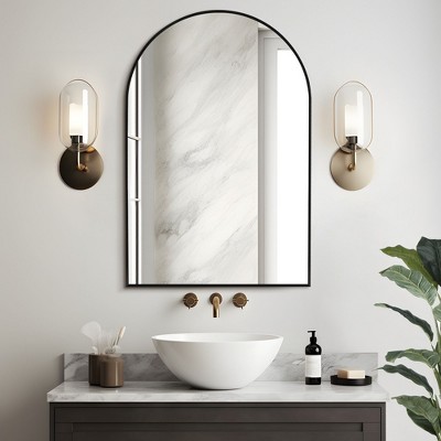 1-Piece 36 In.H x 24 In.W Aluminum Alloy Thin Edged Right Angled Arch Gold Hanging Mirror Wall Mirror