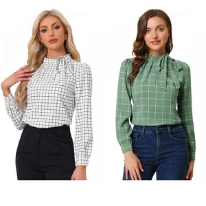 INSPIRE CHIC Women's Bow Tie Neck Keyhole Back Grid Checks Office Work Blouses 2 Packs - 1 of 4