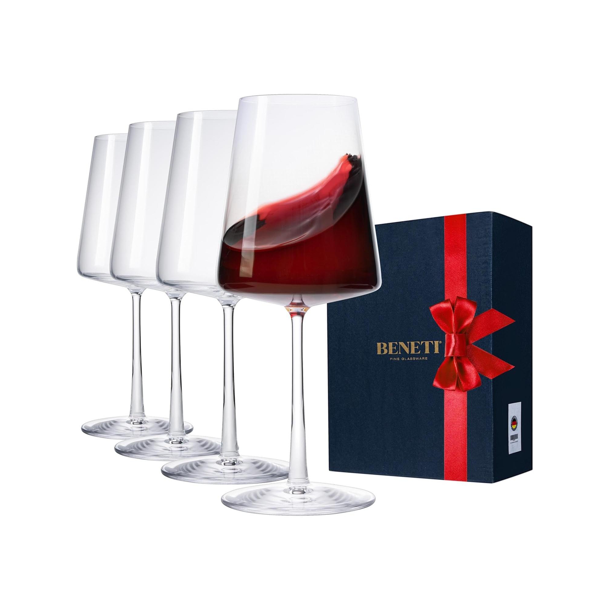 BENETI Handmade in Germany Crystal Wine Glasses Set of 4, 17oz, Long Stem