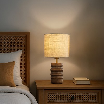 ALOADECOR Japandi Solid Wood Base Table Lamp Modern Classic Nightstand Lamp with Beige Fabric Shade for Bedside Foyer Dining Room(2-Pack)