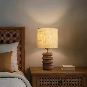 ALOADECOR Japandi Solid Wood Base Table Lamp Modern Classic Nightstand Lamp with Beige Fabric Shade for Bedside Foyer Dining Room(2-Pack) - 1 of 4