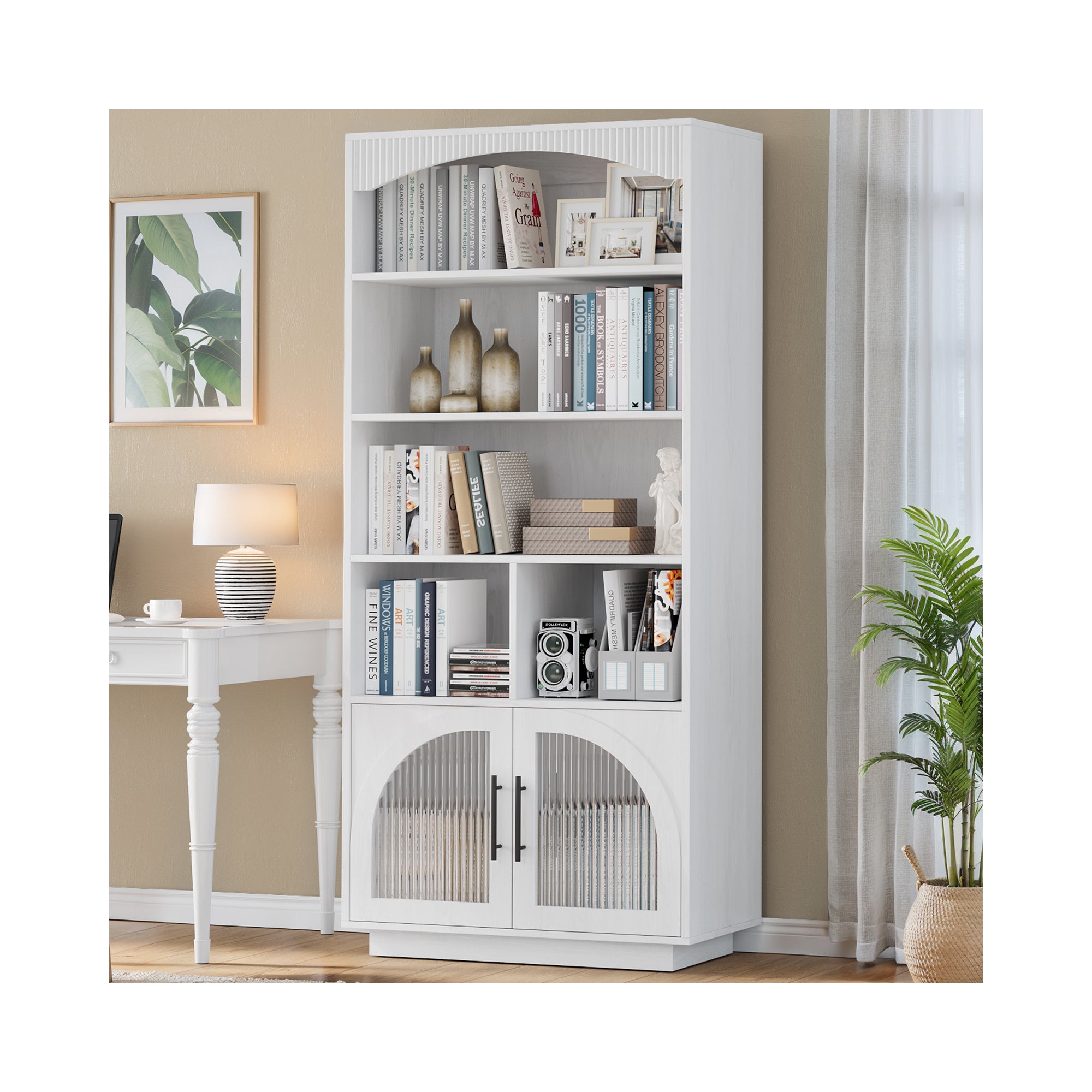 SOLACE FURNITURE 70" Tall Bookshelf, Bookcase with Doors, 5 Tier Bookshelf with Cabinet & Adjustable Shelves White