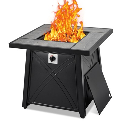 COZONY Propane Fire Pit Table with Rattan Panel and Glass Wind Guard