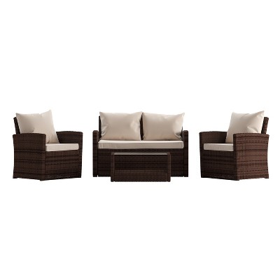 Emma and Oliver 4-Piece Brown Rattan Patio Set with Beige Cushions