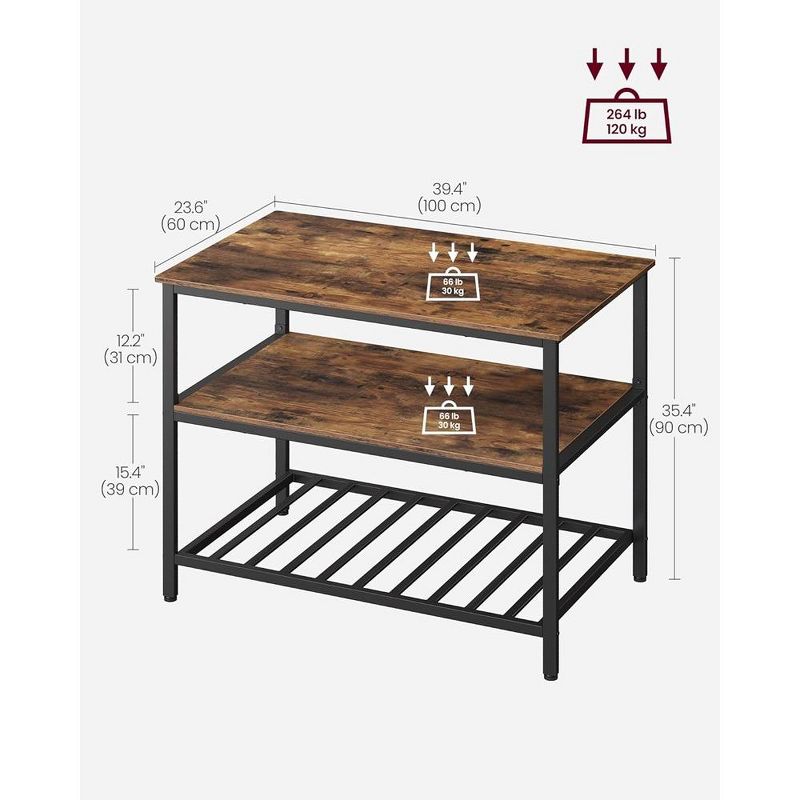 VASAGLE 3 Tier Kitchen Island, 39.4 Inches Kitchen Shelf with Large Worktop, Industrial, Rustic Brown and Black, 3 of 8