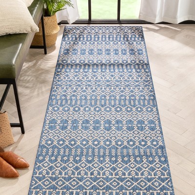 Nordic Blue and Beige Synthetic Flat-Weave Runner Rug