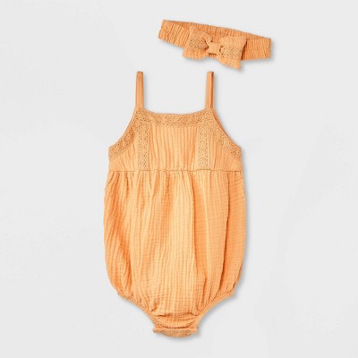 Image of Grayson Collective Baby Girls' Sleeveless Gauze Bubble Top & Bottom Set with Headband - Peach Orange 0-3M