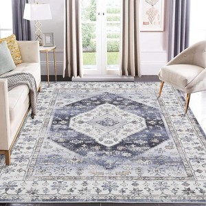 Washable Area Rug – Ultra-Thin Low Pile Vintage Carpet, Non-Slip Accent for Living Room, Bedroom, Home Office, Distressed Rust Design - 1 of 4