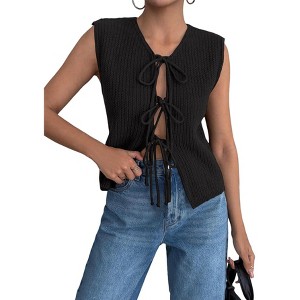 Women's Lace-Up Knit Vest Cardigan, Sleeveless V-Neck Sweater Vest with Adjustable Ties for Casual & Layered Outfits - 1 of 4