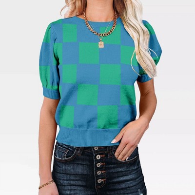 Women's Casual Crew Neck Short Sleeve Sweater Tops for Spring and Summer 2025,Blue Green Plaid - 2XL