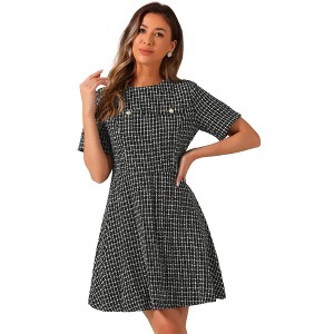 INSPIRE CHIC Women's Short Sleeve Plaid Tweed Zipper Button Casual Mini Dress - 1 of 4