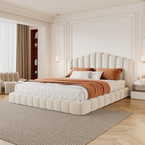 Queen Size Platform Bed Velvet Upholstered Floor Bed Frame with Shell-Shaped Headboard, No Box Spring Needed - ModernLuxe - 1 of 4