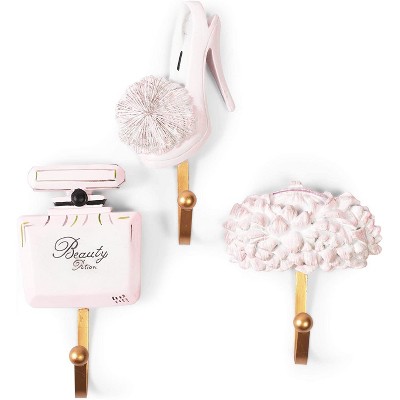 Juvale Set of 3 Iron Decorative Cute Wall Mounted Hanging Hooks Coat Hooks Feminine with Perfume Bottle, High Heel, Umbrella, Pink
