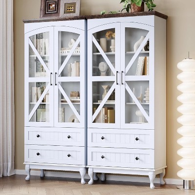 71" Tall Bookcase Set of 2 with Glass Doors, Farmhouse 3Tier Book Shelf with 2 Drawer, Arc Wood Bookshelf with Storage Cabinet