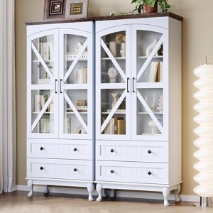 71" Tall Bookcase Set of 2 with Glass Doors, Farmhouse 3Tier Book Shelf with 2 Drawer, Arc Wood Bookshelf with Storage Cabinet - 1 of 4