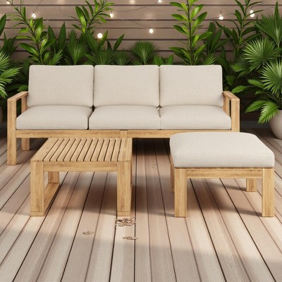 Transitional Style 3-Piece Outdoor Patio L-Shaped Acacia Wood Sectional Sofa Set with Coffee Table and Ottoman