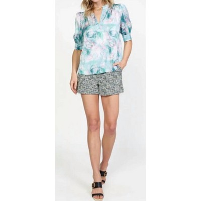 Women's Abstract Printed Short Sleeve Ruffled Split Neck Blouse - current air