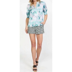Women's Abstract Printed Short Sleeve Ruffled Split Neck Blouse - current air - 1 of 4