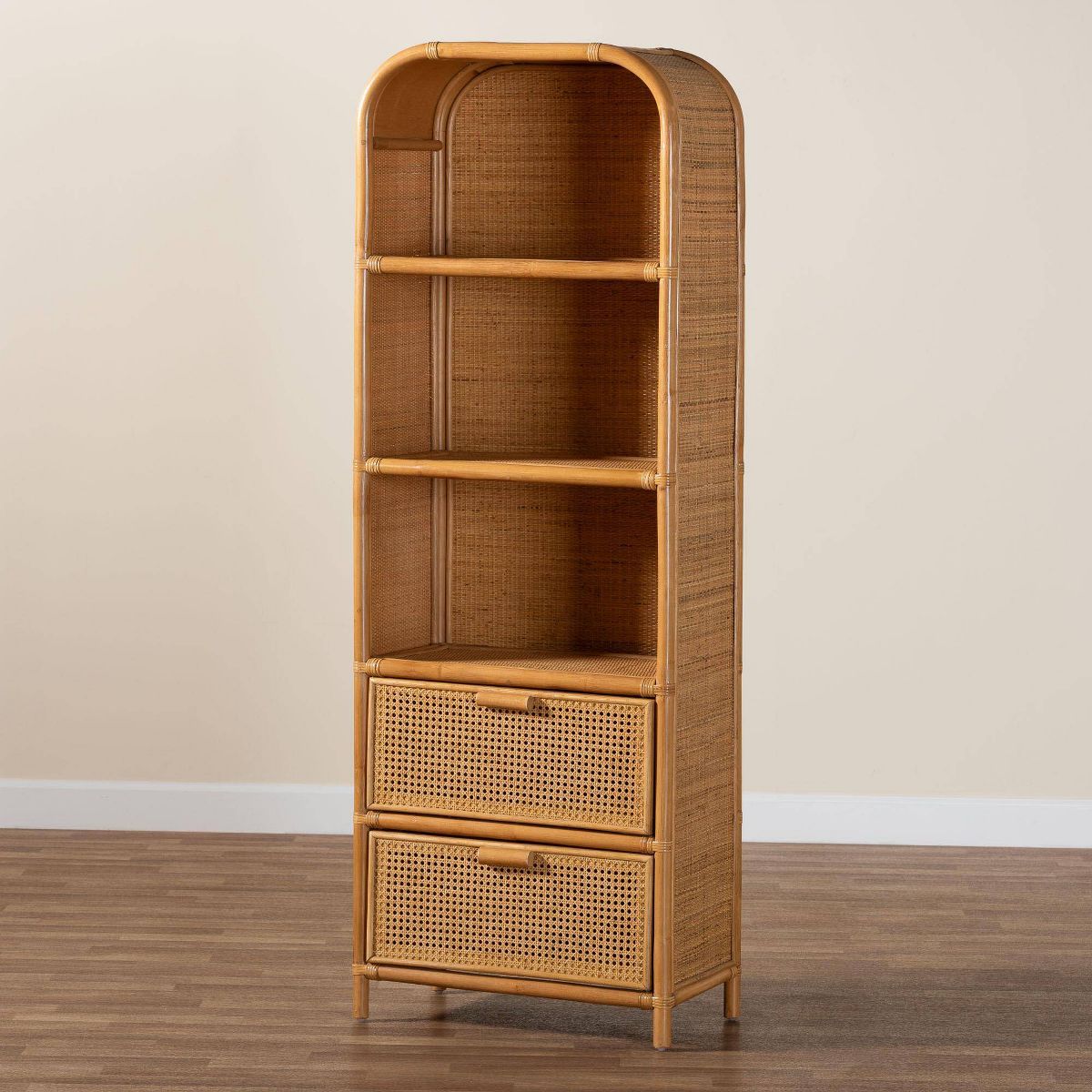 bali & pari 67.7" Curacao Rattan 2 Drawer Bookcase Light honey: Plywood Frame, 3-Tier, No Assembly Required - thumbnail 9
