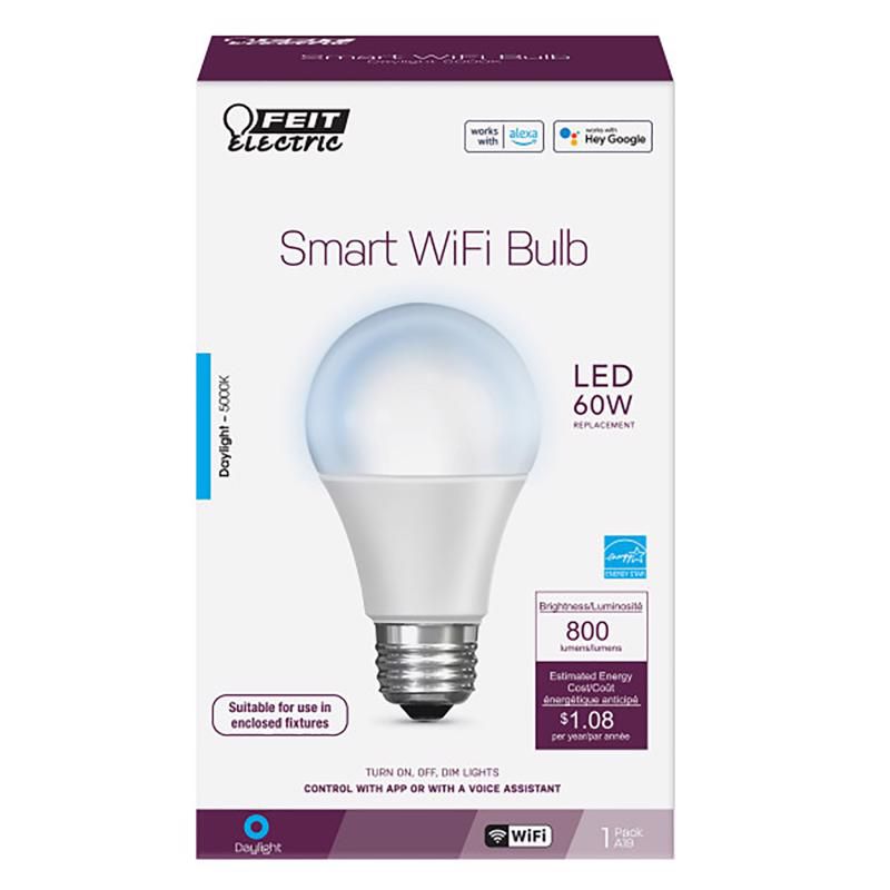 Feit Electric A19 E26 (Medium) Smart WiFi LED Bulb Daylight 60 Watt Equivalence 1 pk, 1 of 5