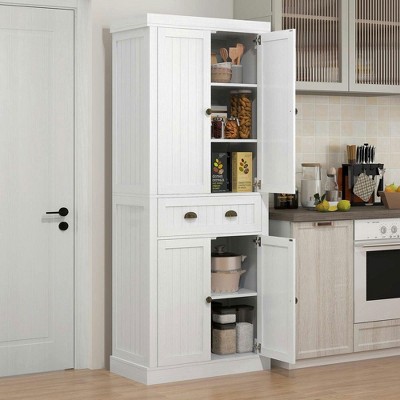 Resenkos 72" Kitchen Cabinet, Kitchen Pantry Cabinet with 4 Doors, 2 Adjustable Shelves and Drawer, Distressed White