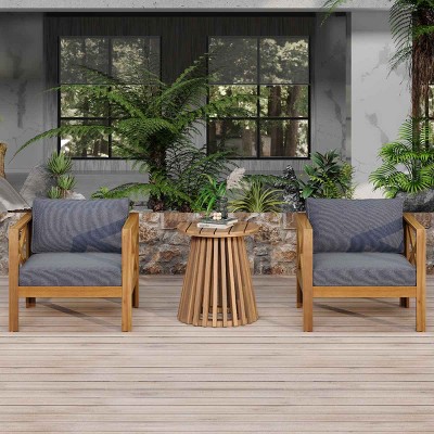 3 PCS Patio Seating Set, 2 Club Armrest Chairs and 1 Round Coffee Table, Acacia Wood Frame Chairs with Polyester Cushion-Coolbibila