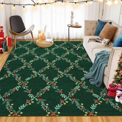 Washable Rug for Bedroom Christmas Floral Living Room Rug Non-Slip Holiday Indoor Floor
