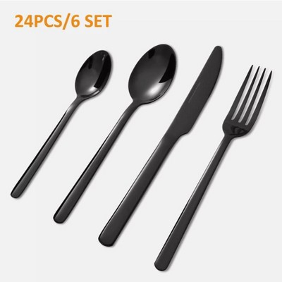 DOMETOUR 24Pcs Tableware Stainless Steel Flatware Cutlery Dishwasher Safe Black