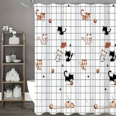 1pc Waterproof Cute Cat Pattern Shower Curtain - Easy Install with Hooks, Durable & Decorative for Any Bathroom