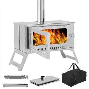 Portable Tent Stove, Wood Burning Stove with View Glass, Large Stainless Steel Stove with 5 Chimney Pipes for Outdoor Camping Heating Cooking - 1 of 4