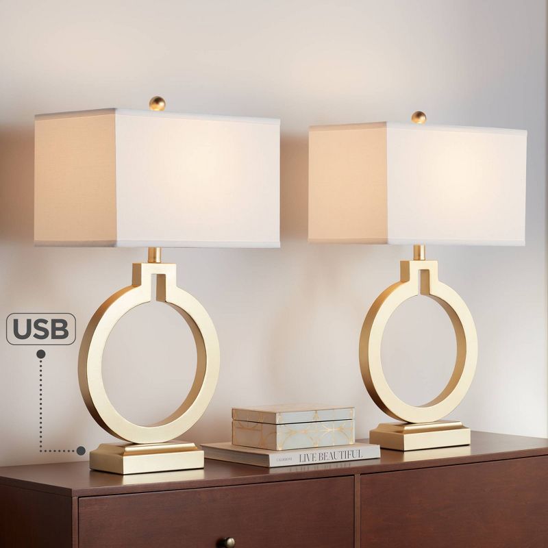 360 Lighting Modern Table Lamps 28 1/2" Tall Set of 2 with USB Charging Port Brushed Gold Open Ring White Shade for Bedroom Living Room House Bedside, 3 of 11