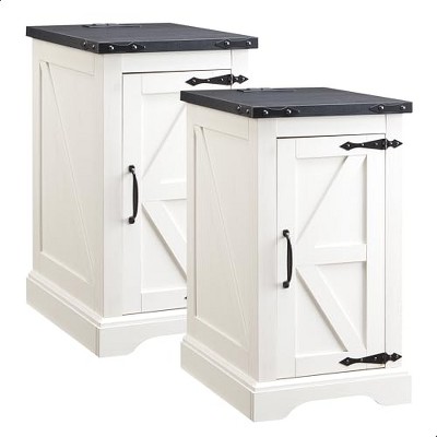 TAJSOON Farmhouse Nightstand Set of 2 with Charging Station,Wood Rustic Sofa Side Table for Living Room, Bedroom, White