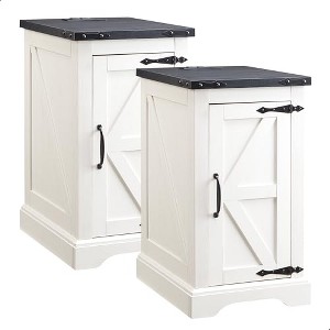 TAJSOON Farmhouse Nightstand Set of 2 with Charging Station,Wood Rustic Sofa Side Table for Living Room, Bedroom, White - 1 of 1