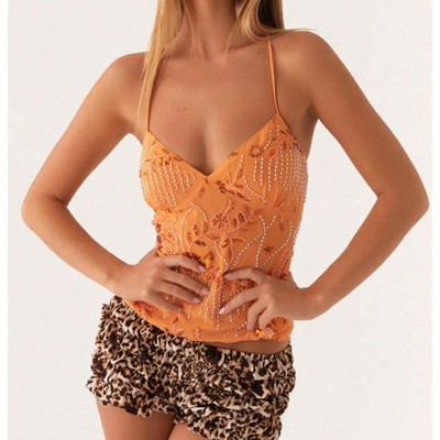 Nmoder  Women's Sequin Cami Top Sexy V Neck Open Back Criss Cross Straps Tank