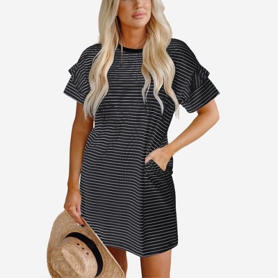 Amaryllis Women’s Relaxed Fit Striped Knit T-Shirt Dress with Cuffed Short Sleeves and Side Pockets