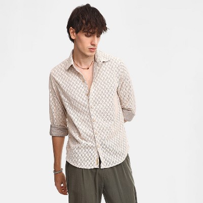 Campus Sutra Men Men's Saltbox Beige Checkered-Textured Shirt
