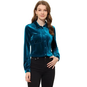 INSPIRE CHIC Women's Pocket Front Velvet Long Sleeve Casual Button Down Shirt - 1 of 4