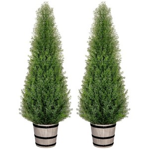 Hykolity Artificial Cedar Topiary Tree, 3FT 4FT with Barrel Planter, Faux Pine Shrubs Plant, Outdoor Indoor Home Decor Realistic Fake Plants, 2-Pack - 1 of 4