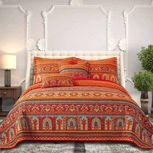 Queen Size Cotton Quilts Set - Lightweight Orange Bedding with 2 Pillow Shams, 90x98 Inch - 1 of 4