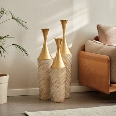 Aukfa Modern 3-Piece Woven Pattern Metal Floor Vase Set – Large Glazed Decorative Vases for Home Décor