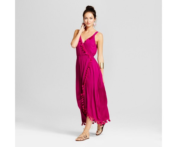 Women's Tulip Skirt Maxi Dress with Pom Poms - Spenser Jeremy - Berry M