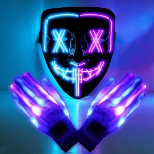Garvee [1PACK]Mask skeleton Gloves Set ,Light Up Scary Mask Purge Mask with Glow Gloves (Purple + Ice Blue) - 1 of 4