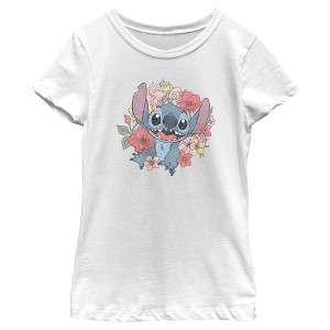Girl's Lilo & Stitch Floral Distressed Stitch T-Shirt - 1 of 4