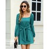 Coolmee Women's Mini Dress Square Neck Pleated Long Sleeve Ruched Front Tie Waist A Lind Short Dresses - 3 of 4