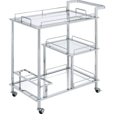 3 Tier Serving Cart with Glass Shelves and Metal Frame Chrome - Benzara