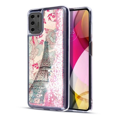 MyBat Quicksand Glitter Hybrid Protector Cover Case Compatible With Motorola Moto G Stylus (2021) - Eiffel Tower Pink Hearts