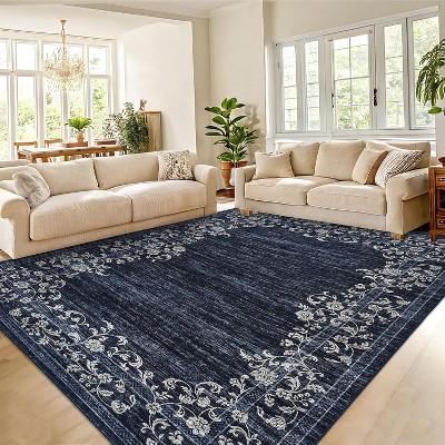 Washable Floral Print Area Rug with Bordered Design, Non-Slip, Ultra-Thin, Stain Resistant Floor Carpet for Living Room, Bedroom & Office